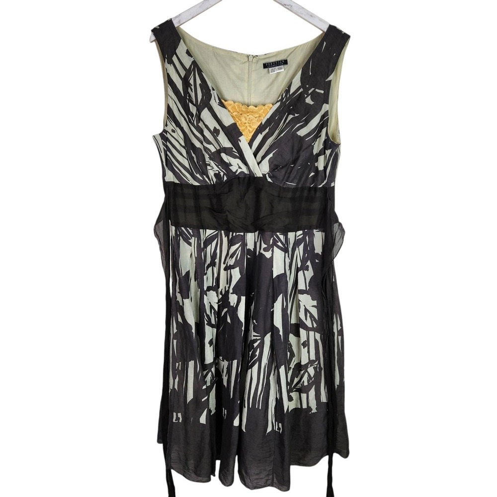 PERUVIAN CONNECTION Dress Womens 18 Black Floral Silk Linen Fit Flare Sundress